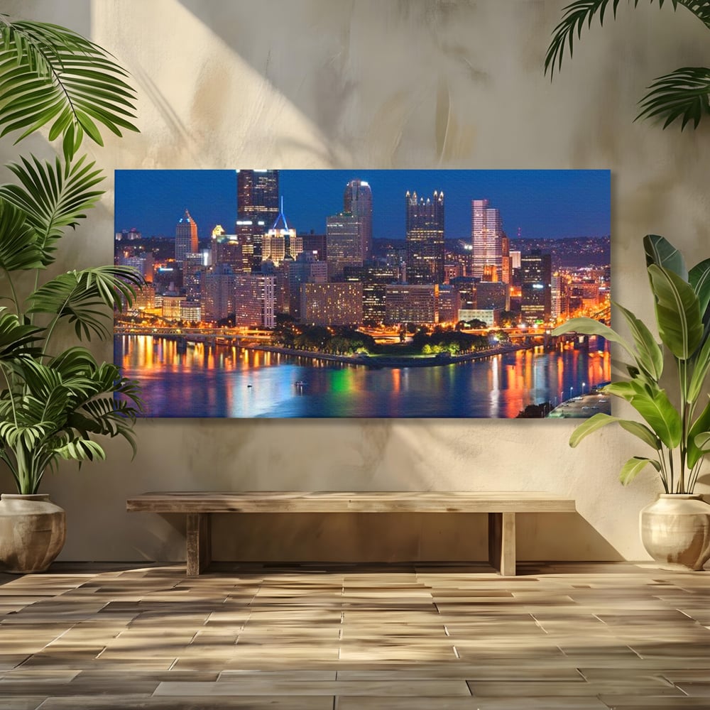Tablou canvas cu tablou canvas cu peisaj nocturn urban, fara rama, pe sasiu de lemn